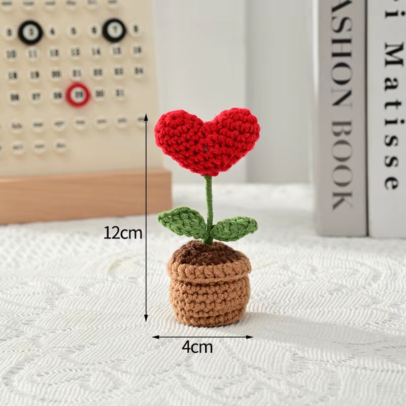 Knitting Sunflower Rose Flowers Potted Crochet Homemade Flower Artificial Tulip Daisy Office Desktop Ornament Car Interior Decor