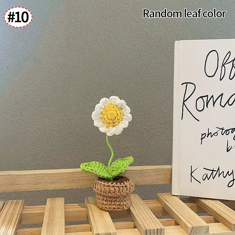 Knitting Sunflower Rose Flowers Potted Crochet Homemade Flower Artificial Tulip Daisy Office Desktop Ornament Car Interior Decor