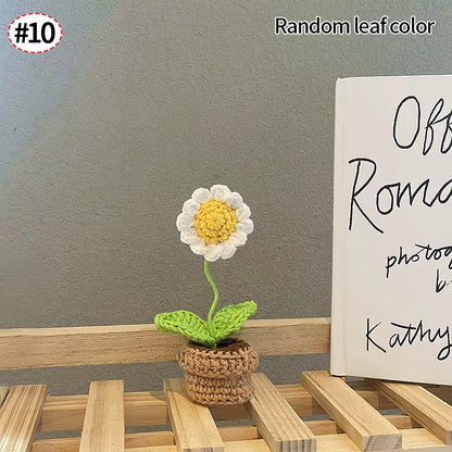 Knitting Sunflower Rose Flowers Potted Crochet Homemade Flower Artificial Tulip Daisy Office Desktop Ornament Car Interior Decor