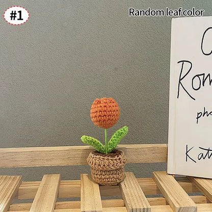 Knitting Sunflower Rose Flowers Potted Crochet Homemade Flower Artificial Tulip Daisy Office Desktop Ornament Car Interior Decor