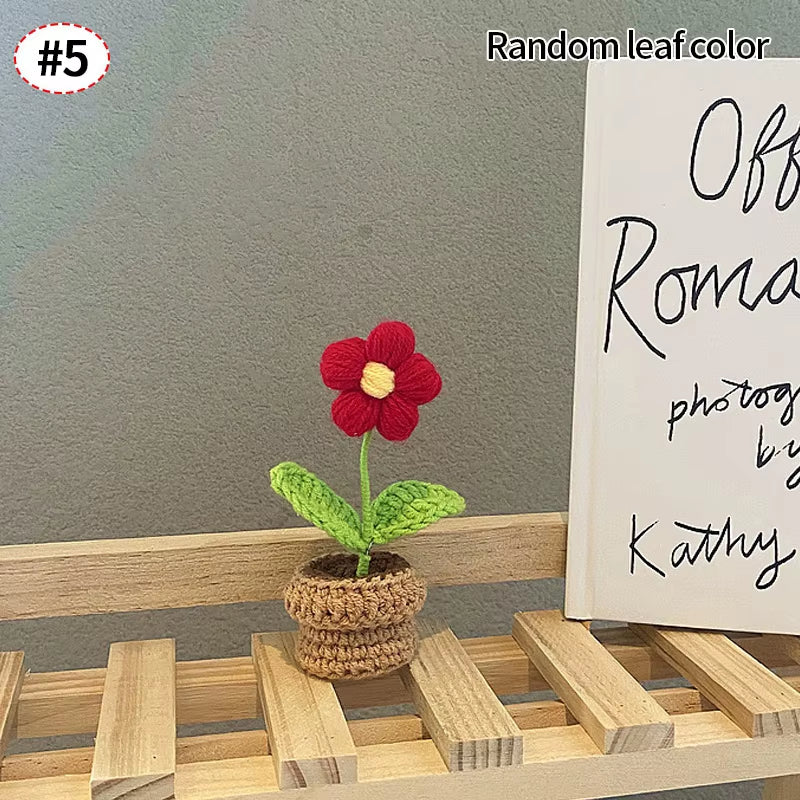 Knitting Sunflower Rose Flowers Potted Crochet Homemade Flower Artificial Tulip Daisy Office Desktop Ornament Car Interior Decor