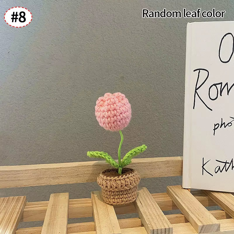 Knitting Sunflower Rose Flowers Potted Crochet Homemade Flower Artificial Tulip Daisy Office Desktop Ornament Car Interior Decor