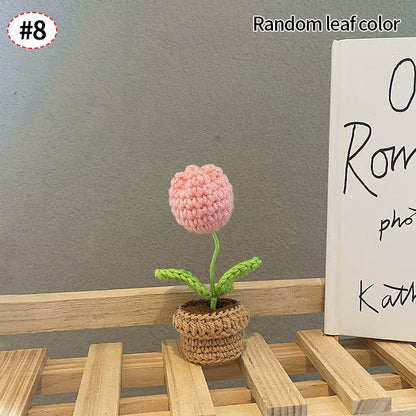 Knitting Sunflower Rose Flowers Potted Crochet Homemade Flower Artificial Tulip Daisy Office Desktop Ornament Car Interior Decor