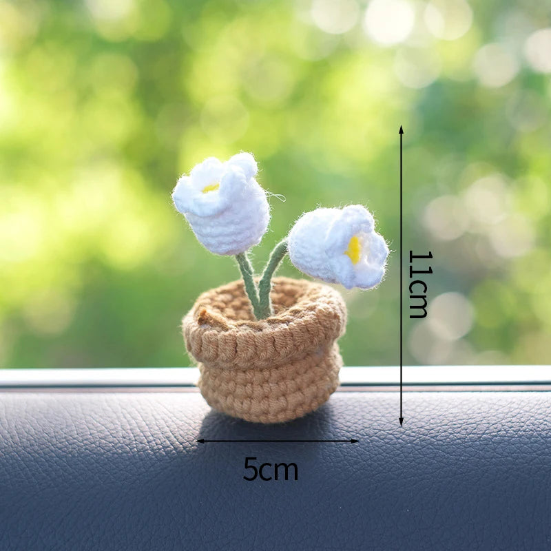 Knitting Sunflower Rose Flowers Potted Crochet Homemade Flower Artificial Tulip Daisy Office Desktop Ornament Car Interior Decor