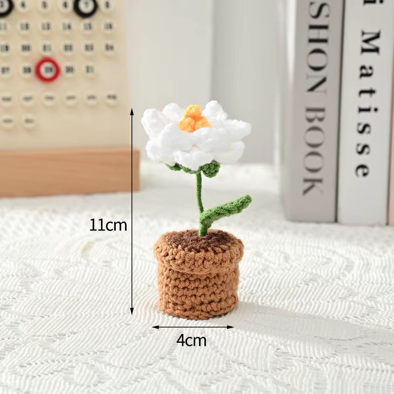 Knitting Sunflower Rose Flowers Potted Crochet Homemade Flower Artificial Tulip Daisy Office Desktop Ornament Car Interior Decor
