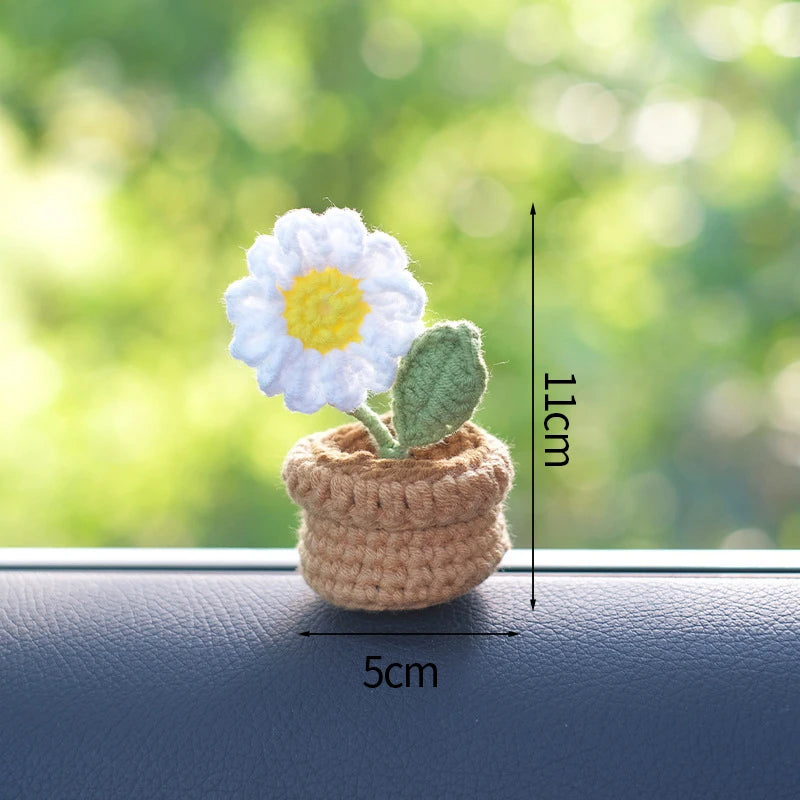 Knitting Sunflower Rose Flowers Potted Crochet Homemade Flower Artificial Tulip Daisy Office Desktop Ornament Car Interior Decor