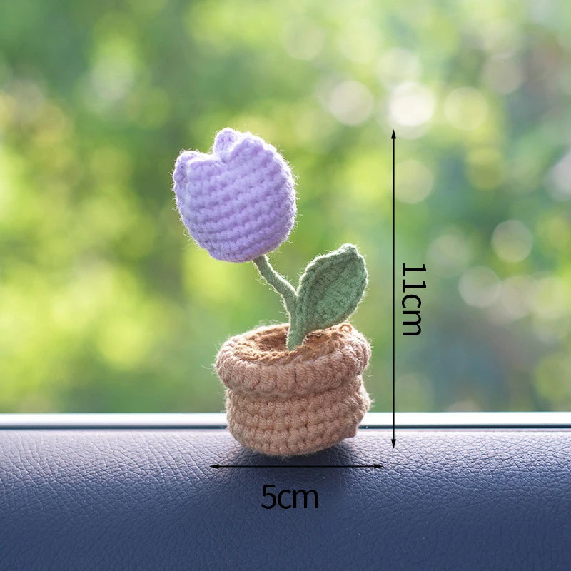 Knitting Sunflower Rose Flowers Potted Crochet Homemade Flower Artificial Tulip Daisy Office Desktop Ornament Car Interior Decor