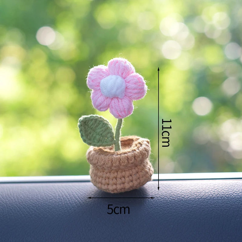 Knitting Sunflower Rose Flowers Potted Crochet Homemade Flower Artificial Tulip Daisy Office Desktop Ornament Car Interior Decor