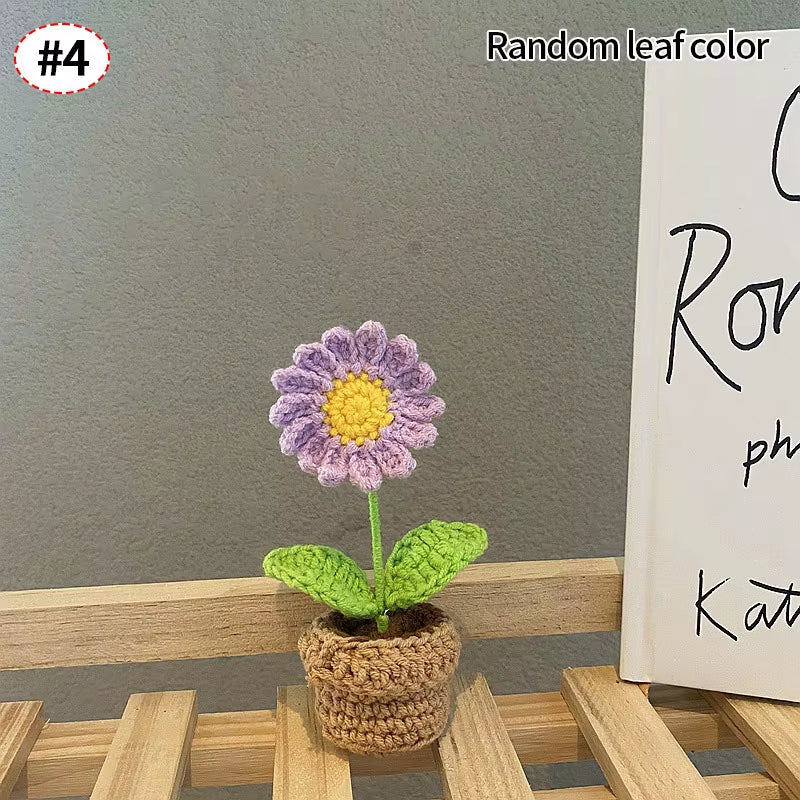 Knitting Sunflower Rose Flowers Potted Crochet Homemade Flower Artificial Tulip Daisy Office Desktop Ornament Car Interior Decor