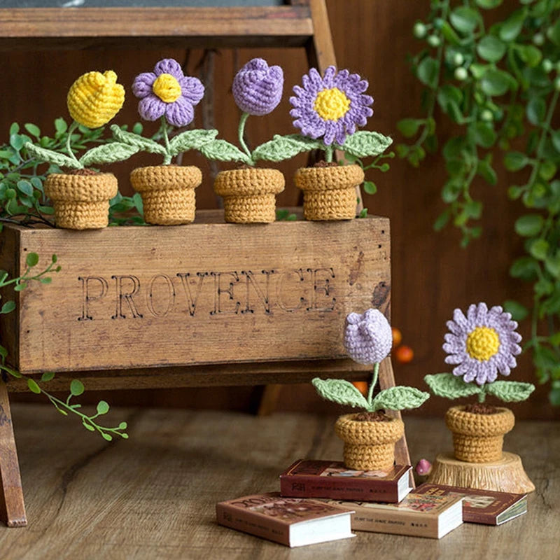 Knitting Sunflower Rose Flowers Potted Crochet Homemade Flower Artificial Tulip Daisy Office Desktop Ornament Car Interior Decor