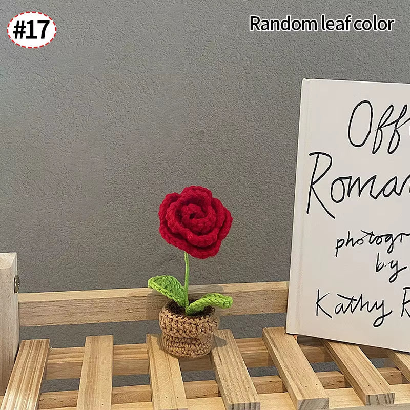Knitting Sunflower Rose Flowers Potted Crochet Homemade Flower Artificial Tulip Daisy Office Desktop Ornament Car Interior Decor