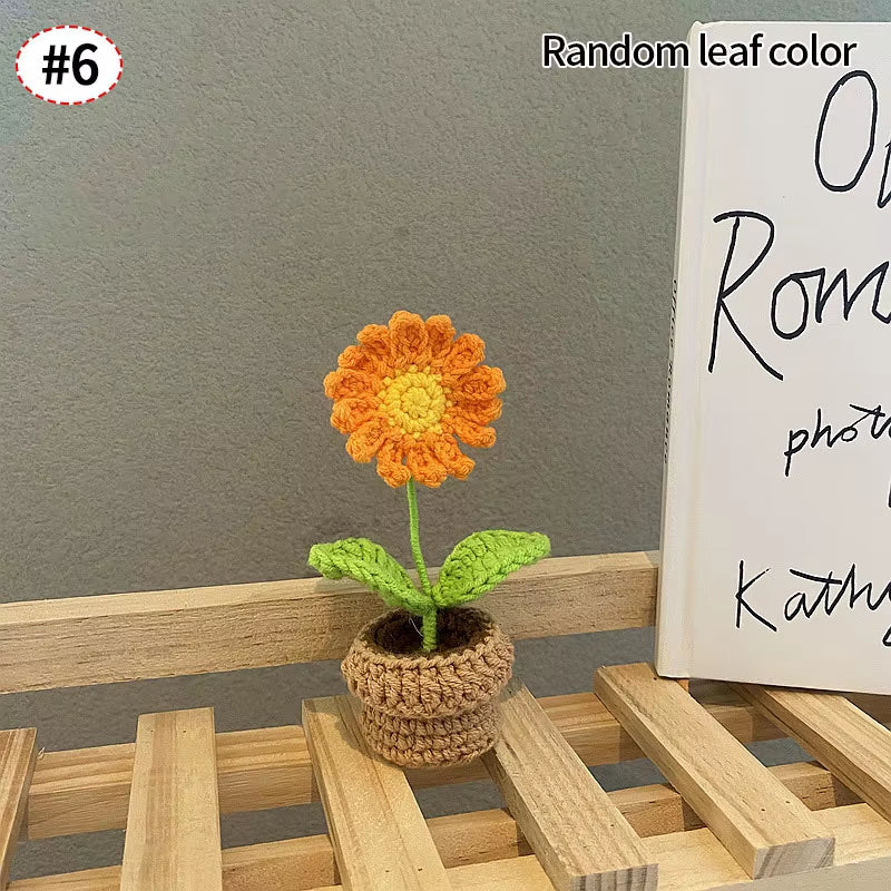 Knitting Sunflower Rose Flowers Potted Crochet Homemade Flower Artificial Tulip Daisy Office Desktop Ornament Car Interior Decor