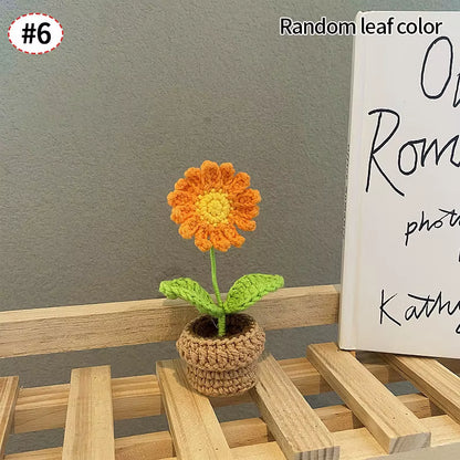 Knitting Sunflower Rose Flowers Potted Crochet Homemade Flower Artificial Tulip Daisy Office Desktop Ornament Car Interior Decor