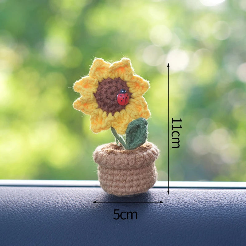 Knitting Sunflower Rose Flowers Potted Crochet Homemade Flower Artificial Tulip Daisy Office Desktop Ornament Car Interior Decor