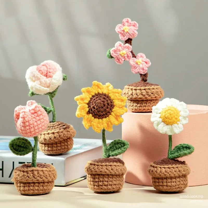 Knitting Sunflower Rose Flowers Potted Crochet Homemade Flower Artificial Tulip Daisy Office Desktop Ornament Car Interior Decor