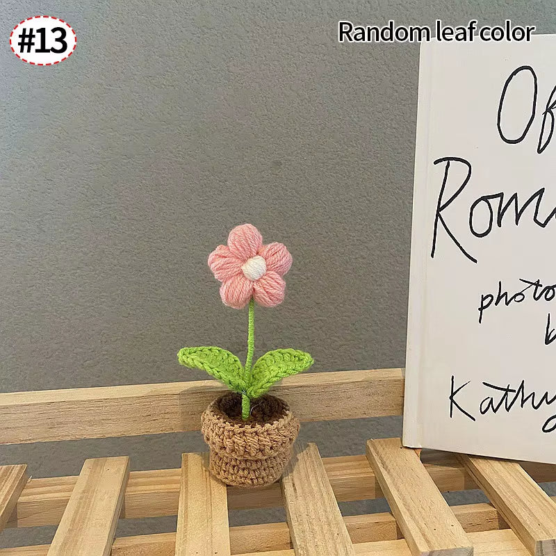 Knitting Sunflower Rose Flowers Potted Crochet Homemade Flower Artificial Tulip Daisy Office Desktop Ornament Car Interior Decor