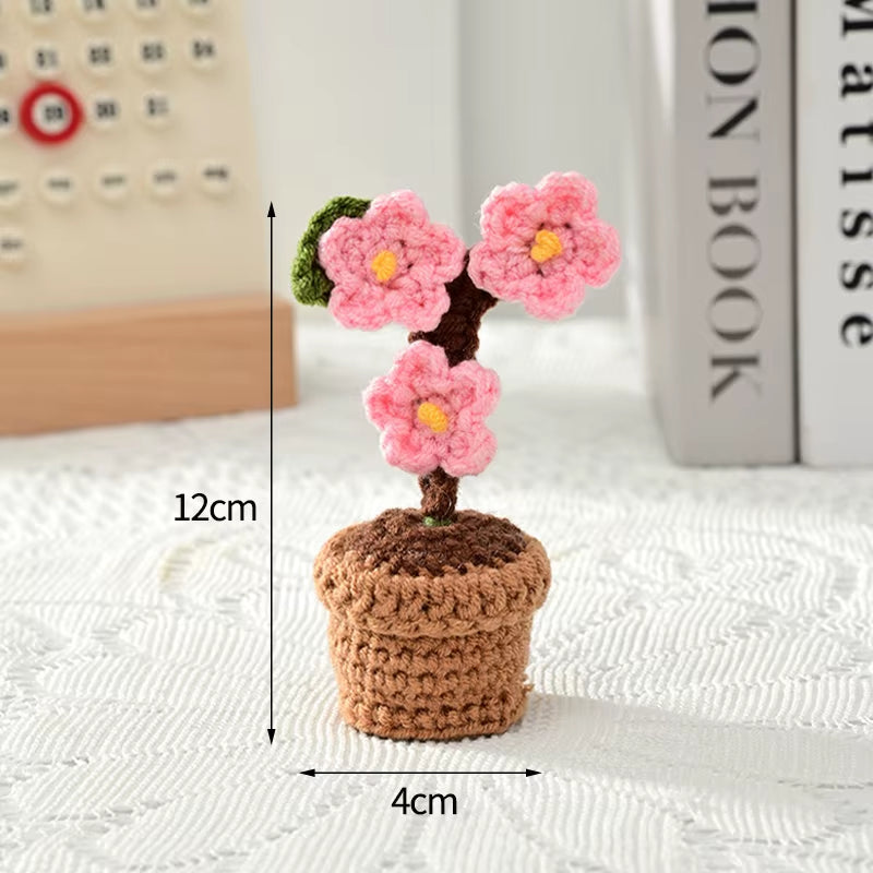 Knitting Sunflower Rose Flowers Potted Crochet Homemade Flower Artificial Tulip Daisy Office Desktop Ornament Car Interior Decor