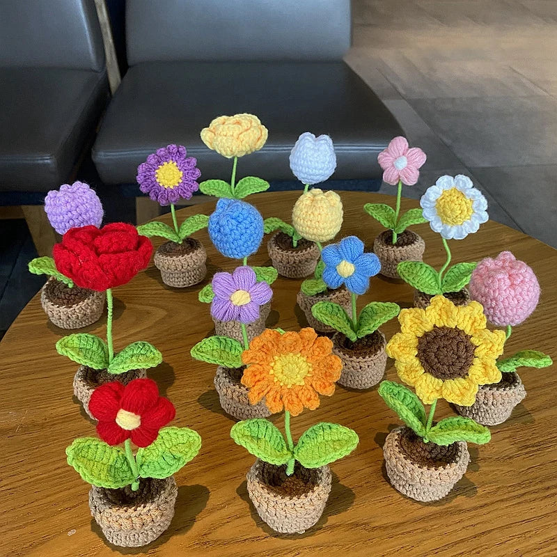 Knitting Sunflower Rose Flowers Potted Crochet Homemade Flower Artificial Tulip Daisy Office Desktop Ornament Car Interior Decor