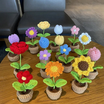 Knitting Sunflower Rose Flowers Potted Crochet Homemade Flower Artificial Tulip Daisy Office Desktop Ornament Car Interior Decor