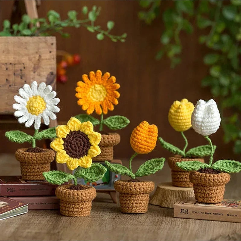 Knitting Sunflower Rose Flowers Potted Crochet Homemade Flower Artificial Tulip Daisy Office Desktop Ornament Car Interior Decor