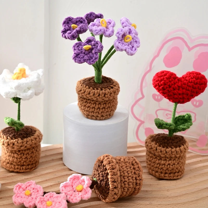 Knitting Sunflower Rose Flowers Potted Crochet Homemade Flower Artificial Tulip Daisy Office Desktop Ornament Car Interior Decor