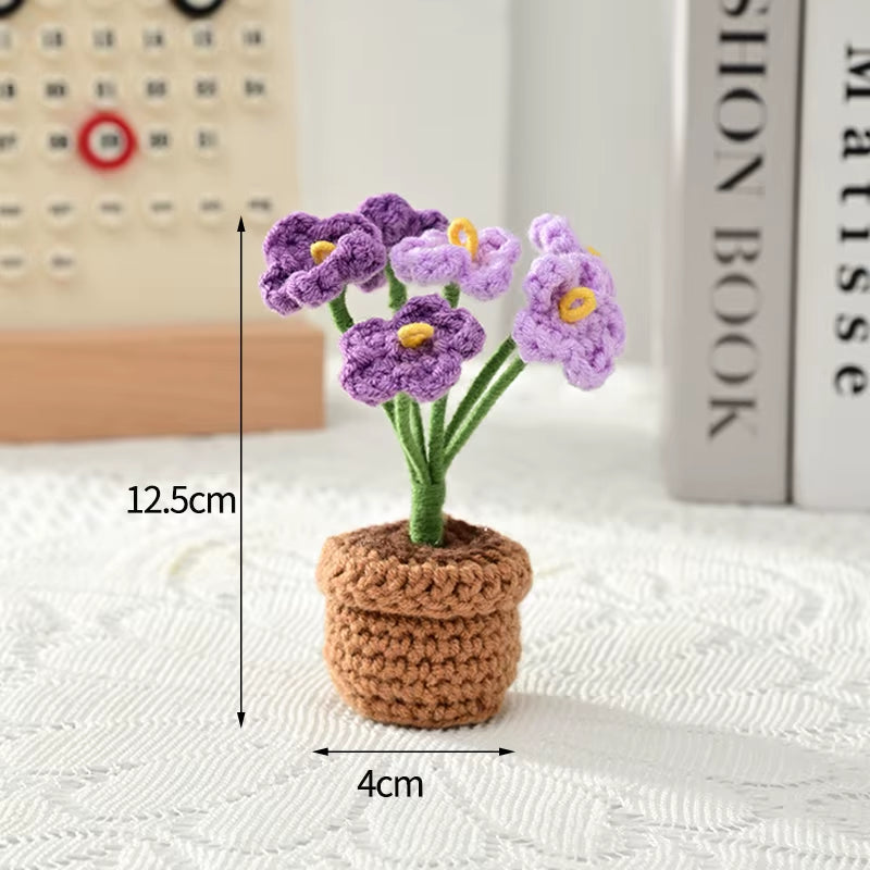 Knitting Sunflower Rose Flowers Potted Crochet Homemade Flower Artificial Tulip Daisy Office Desktop Ornament Car Interior Decor