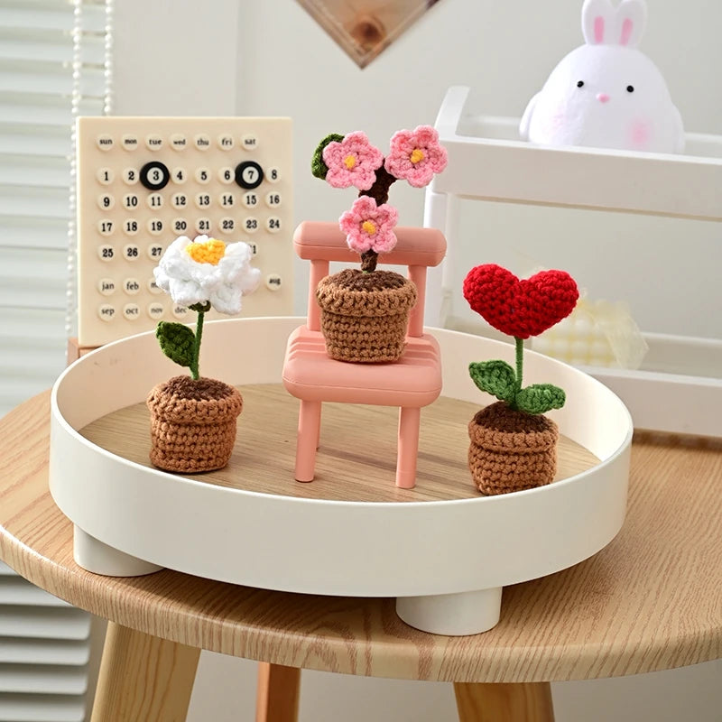 Knitting Sunflower Rose Flowers Potted Crochet Homemade Flower Artificial Tulip Daisy Office Desktop Ornament Car Interior Decor