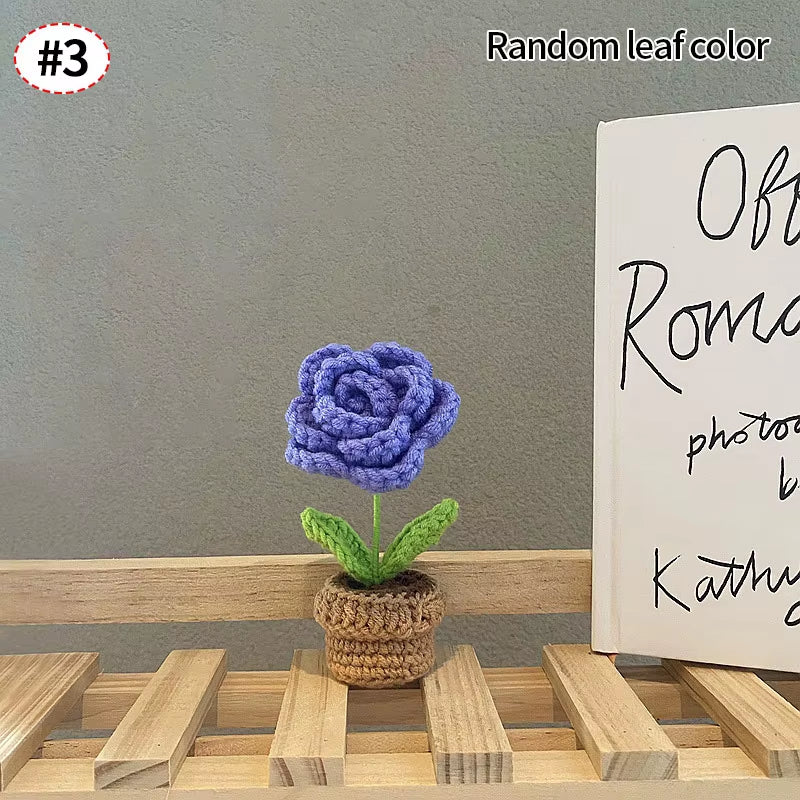 Knitting Sunflower Rose Flowers Potted Crochet Homemade Flower Artificial Tulip Daisy Office Desktop Ornament Car Interior Decor