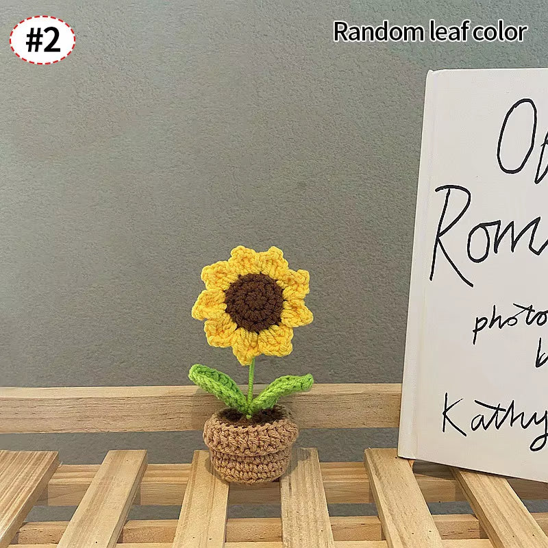 Knitting Sunflower Rose Flowers Potted Crochet Homemade Flower Artificial Tulip Daisy Office Desktop Ornament Car Interior Decor