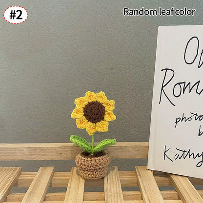Knitting Sunflower Rose Flowers Potted Crochet Homemade Flower Artificial Tulip Daisy Office Desktop Ornament Car Interior Decor