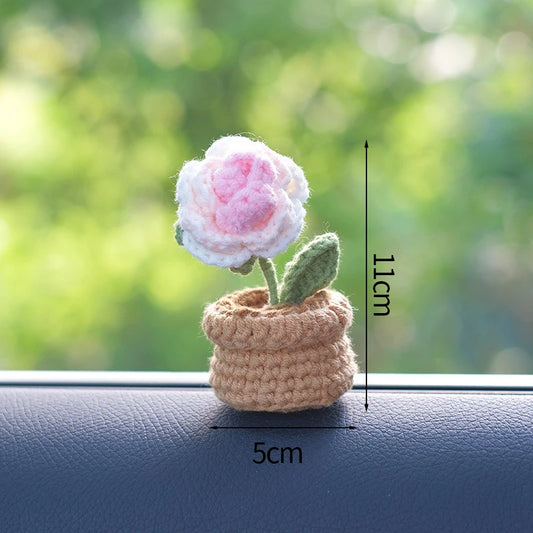 Knitting Sunflower Rose Flowers Potted Crochet Homemade Flower Artificial Tulip Daisy Office Desktop Ornament Car Interior Decor